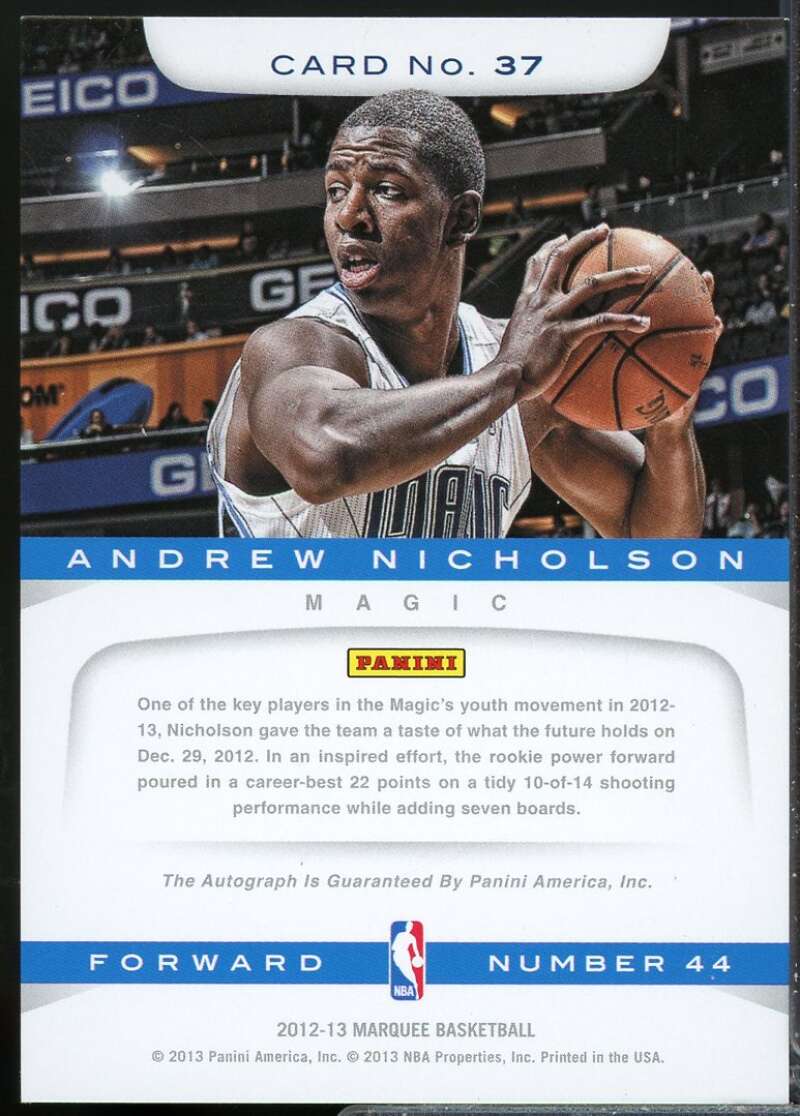 Andrew Nicholson Card 2012-13 Panini Marquee Rookie Autograph #37  Image 2