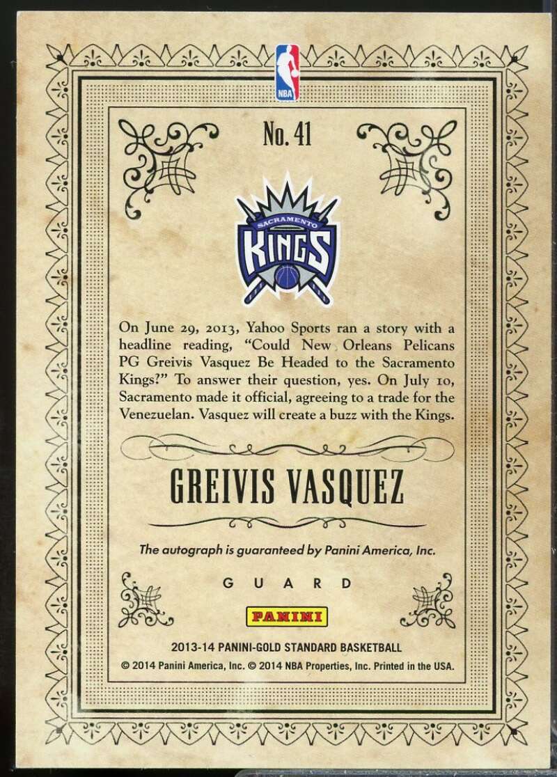 Greivis Vasquez /299 2013-14 Panini Gold Standard Gold Strike Autograph #41  Image 2