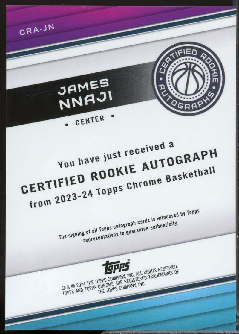 James Nnaji Card 2023-24 Topps Chrome Rookie Autographs #CRAJN  Image 2