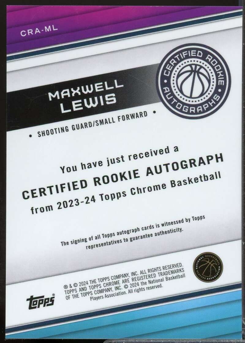 Maxwell Lewis Card 2023-24 Topps Chrome Rookie Autographs #CRAML  Image 2