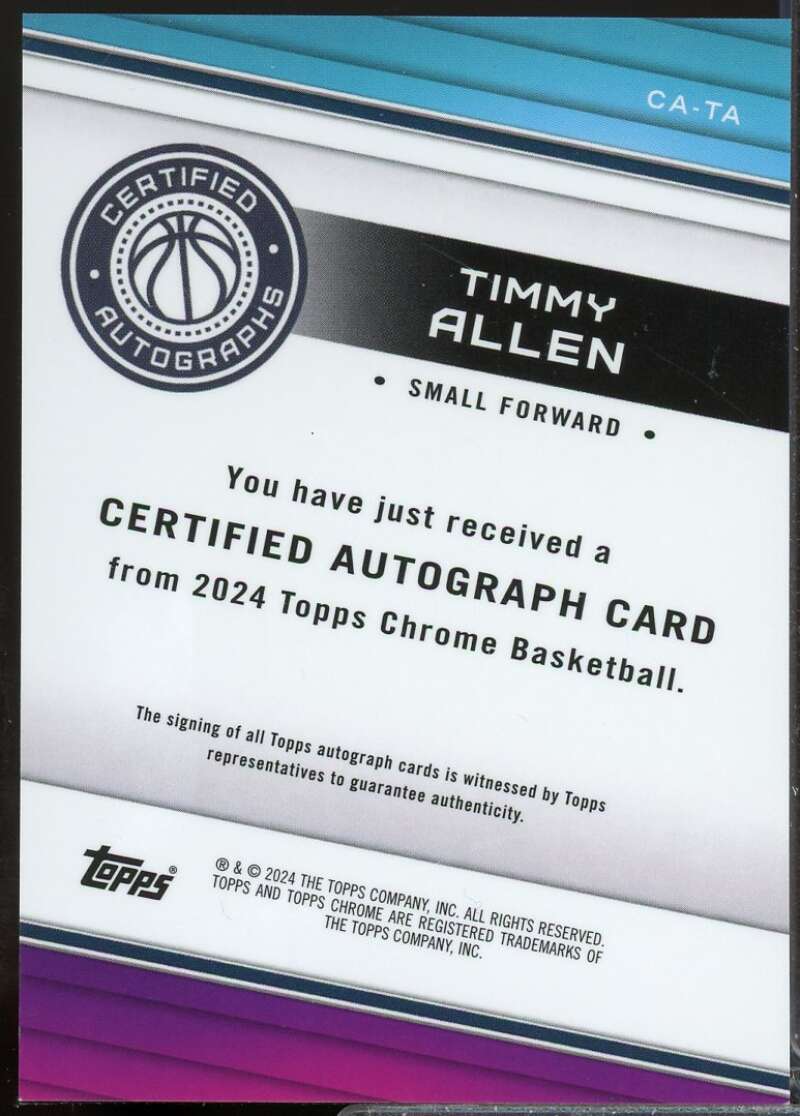 Timmy Allen Card 2023-24 Topps Chrome Certified Autographs #CATA  Image 2