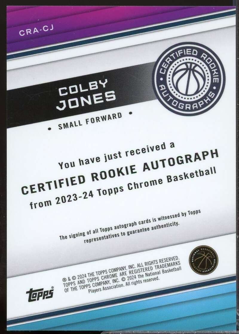 Colby Jones 2023-24 Topps Chrome Rookie Autographs Purple Refractors #CRACJ  Image 2