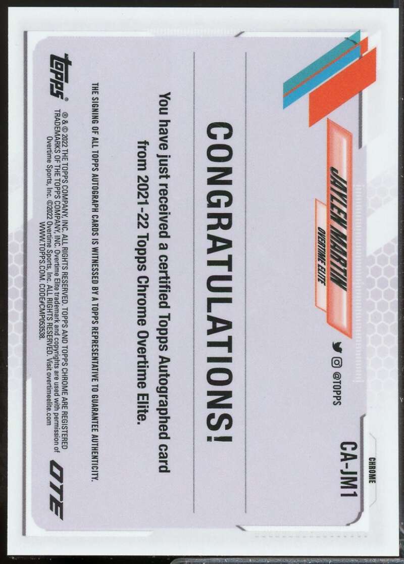 Jaylen Martin Rookie 2021-22 Topps Chrome Overtime Elite OTE Autographs #CAJM1  Image 2