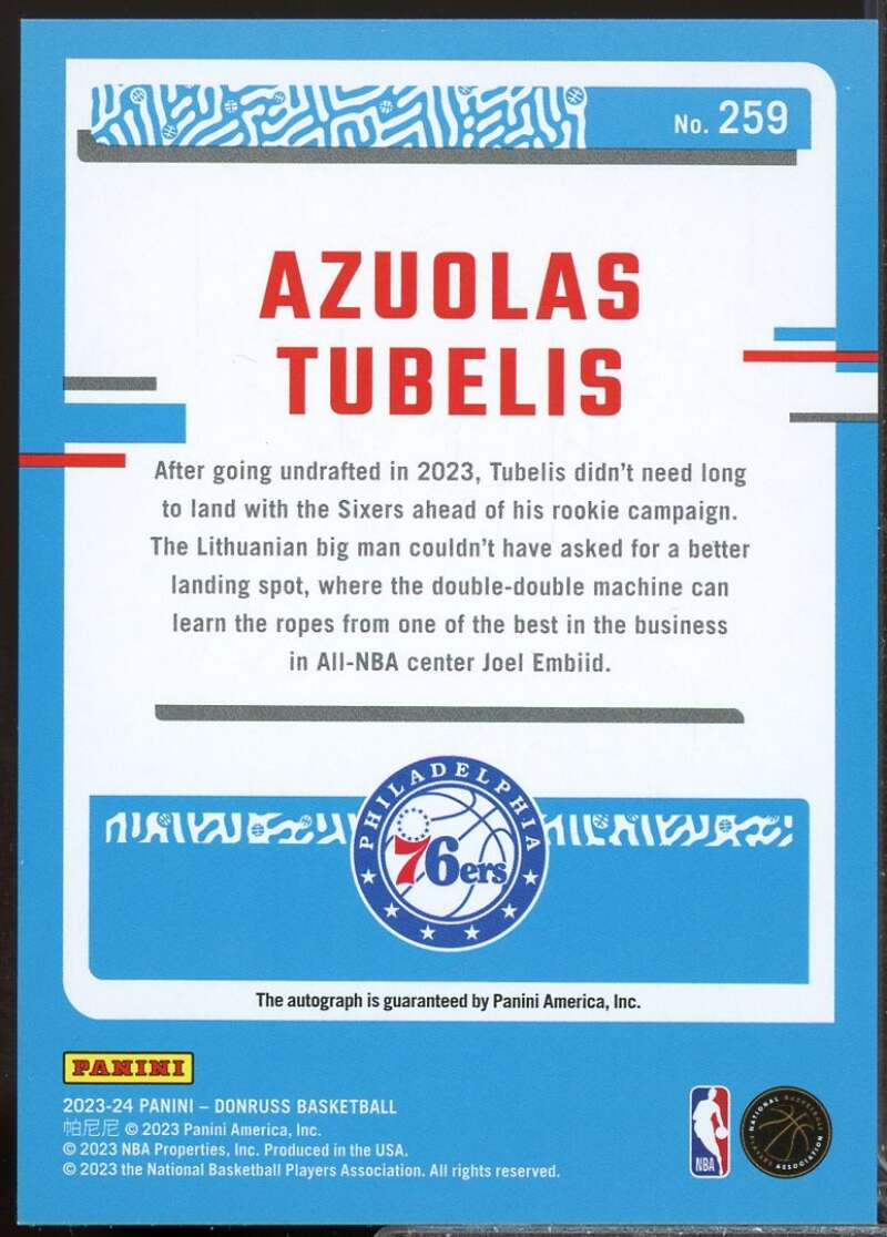 Azuolas Tubelis /99 2023-24 Donruss Rated Rookies Autograph Holo Laser #259  Image 2