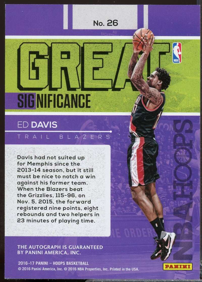 Ed Davis Card 2016-17 Hoops Great SIGnificance Autograph #26  Image 2
