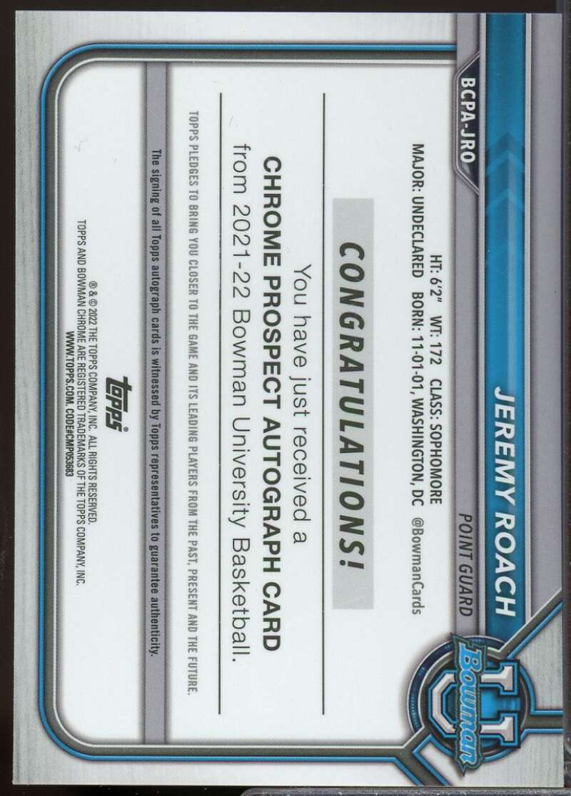 Jeremy Roach Card 2021-22 Bowman Chrome University Autographs #BCPAJRO  Image 2
