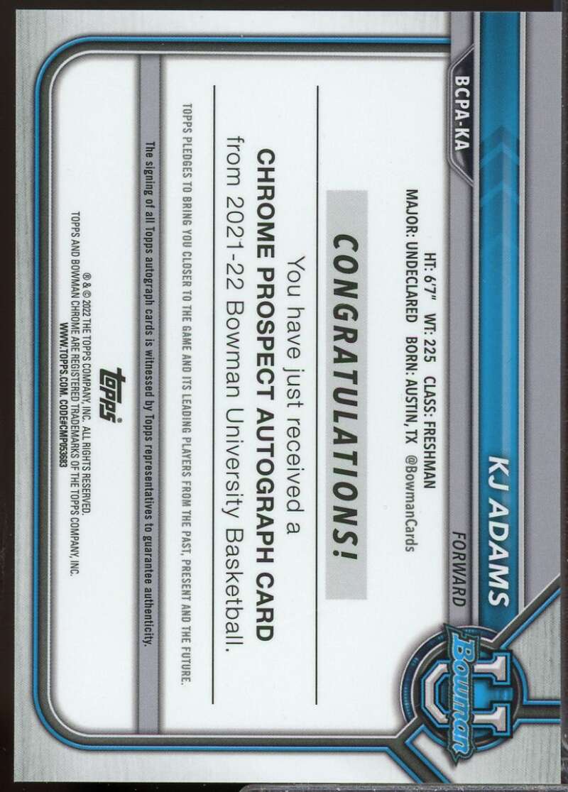 KJ Adams Card 2021-22 Bowman Chrome University Autographs #BCPAKA  Image 2