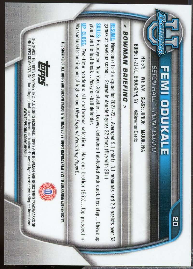 Femi Odukale Card 2022-23 Bowman Chrome University Prospect Autographs #20  Image 2