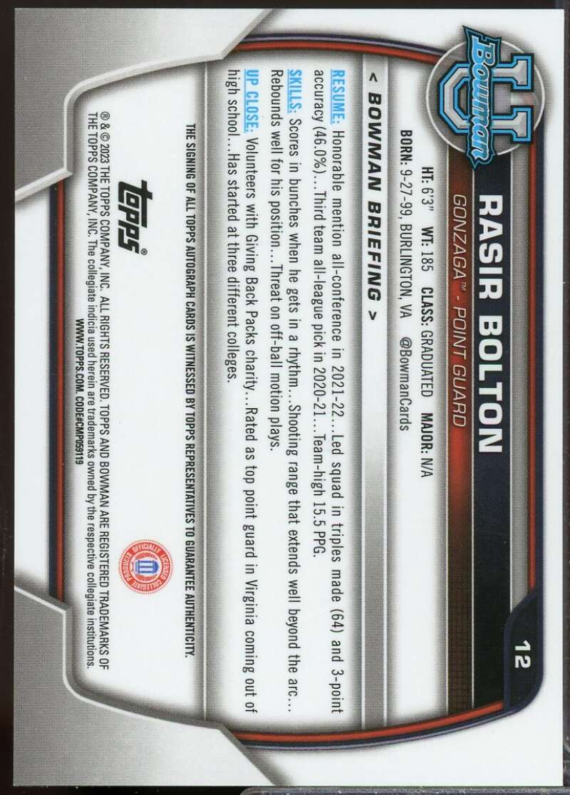 Rasir Bolton Card 2022-23 Bowman Chrome University Prospect Autographs #12  Image 2