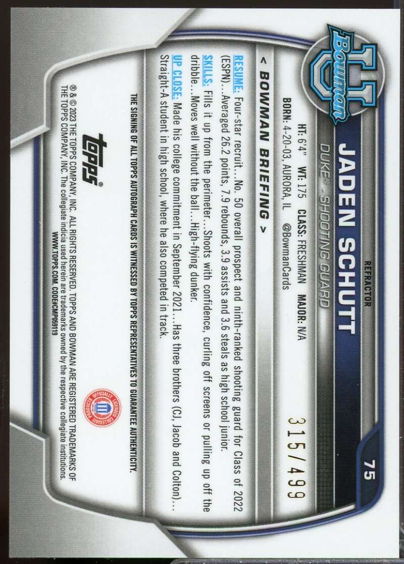 Jaden Schutt 2022-23 Bowman Chrome University Prospect Autograph Refractors #75  Image 2