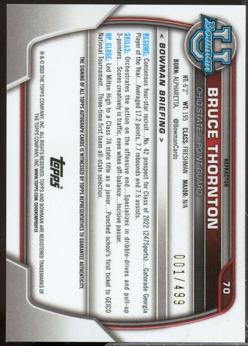 Bruce Thornton 2022-23 Bowman Chrome University Prospect Autograph Refractor #70  Image 2