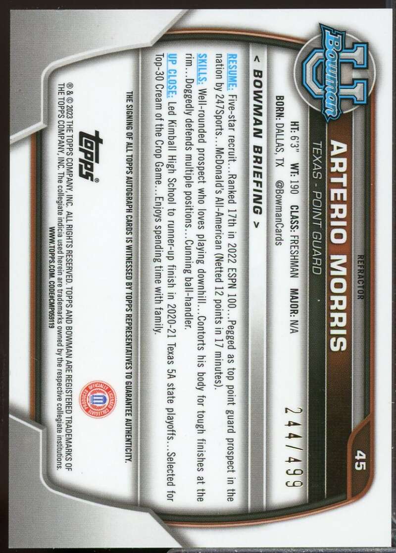 Arterio Morris 2022-23 Bowman Chrome University Prospect Auto Refractor #45  Image 2