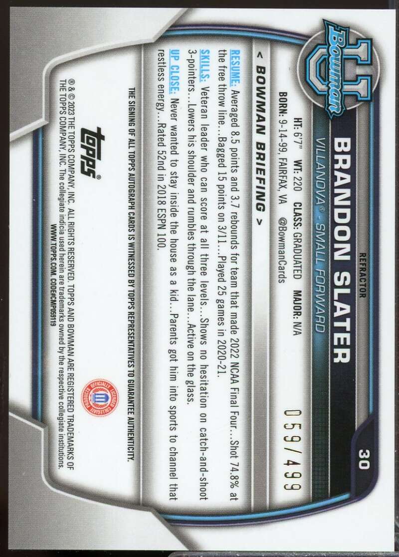 Brandon Slater 2022-23 Bowman Chrome University Prospect Auto Refractor #30  Image 2