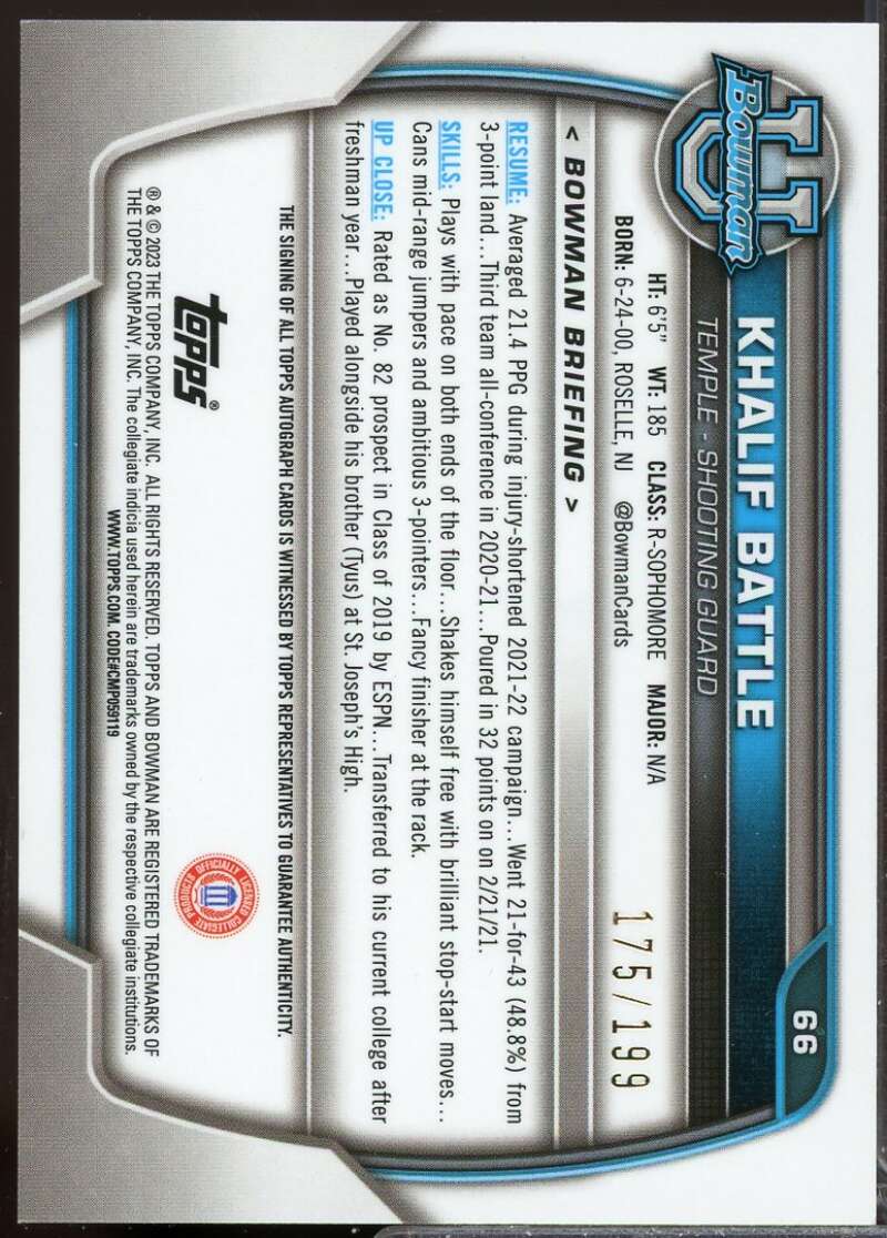 Khalif Battle 2022-23 Bowman Chrome University Autograph RayWave Refractor #66  Image 2