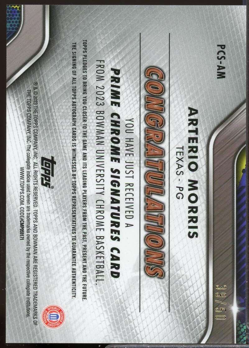 Arterio Morris 2022-23 Bowman Chrome University Prime Signatures Auto #PCSAM  Image 2