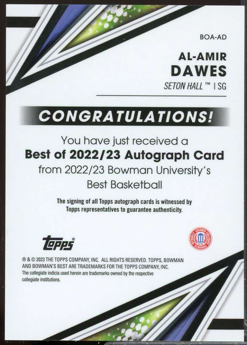 Al-Amir Dawes 2022-23 Bowman's Best University Best of '22 Autographs #BOAAD  Image 2