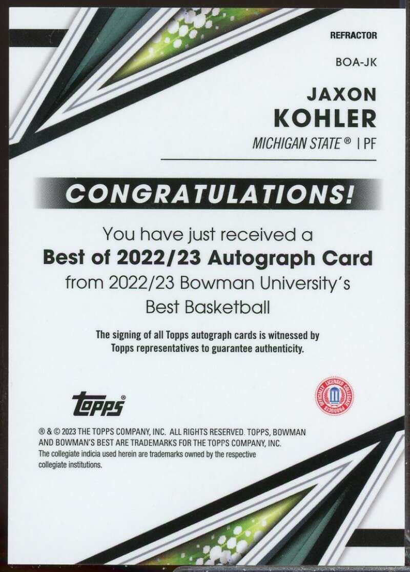 Jaxon Kohler 2022-23 Bowman's Best University Best of '22 Autographs #BOAJK  Image 2