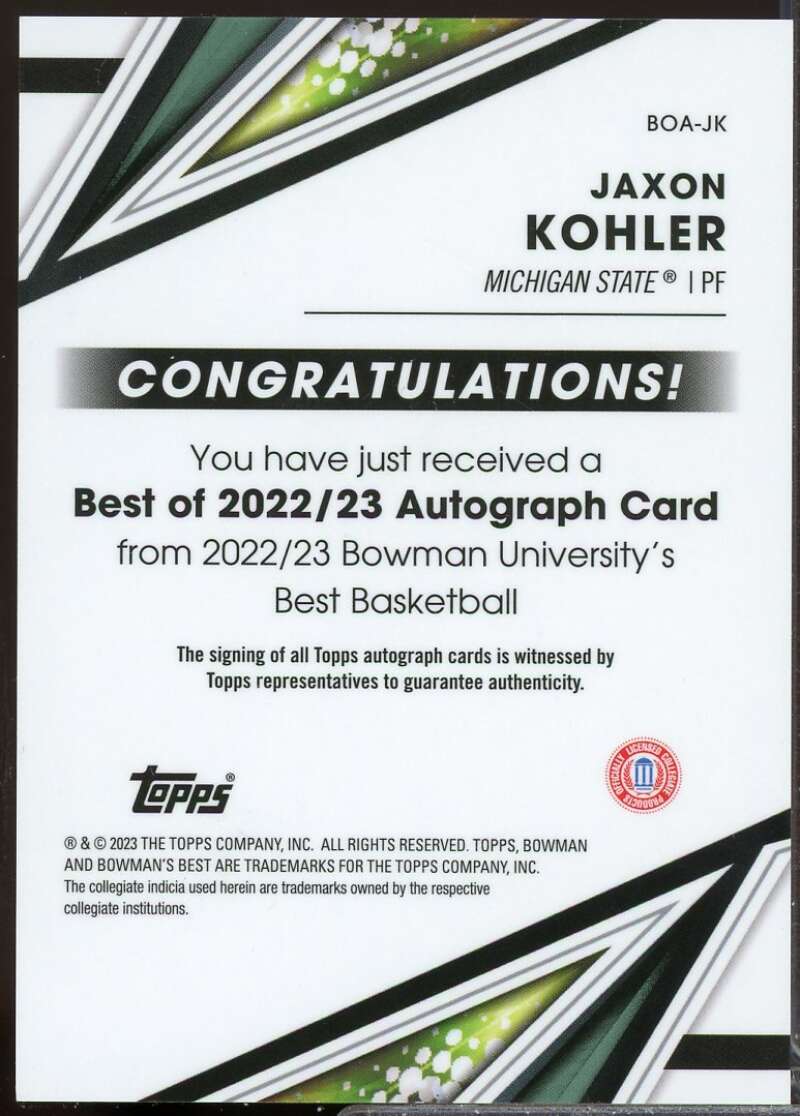 Jaxon Kohler 2022-23 Bowman's Best University of '22 Autograph Refractor #BOAJK  Image 2