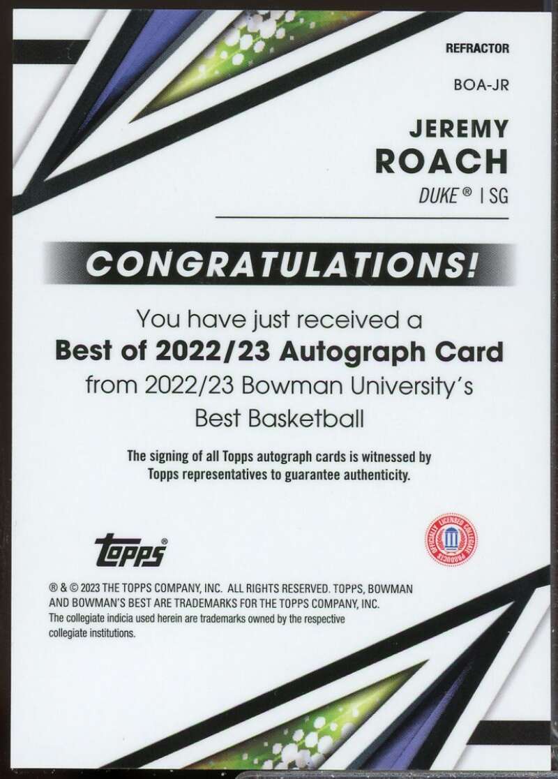 Jeremy Roach 2022-23 Bowman's Best University of '22 Autograph Refractor #BOAJR  Image 2
