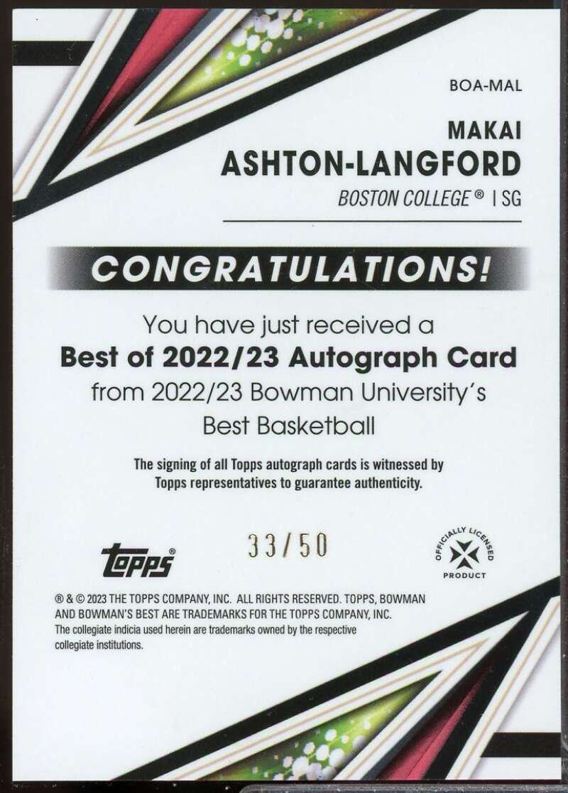 Makai Ashton-Langford 2022-23 Bowman Best University 22 Auto Gold Refractor #M  Image 2