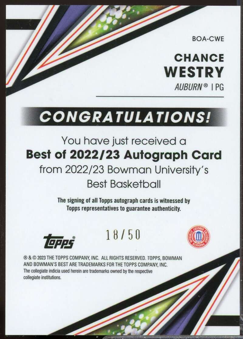 Chance Westry 2022-23 Bowman's Best University '22 Auto Gold Refractor #CWE  Image 2