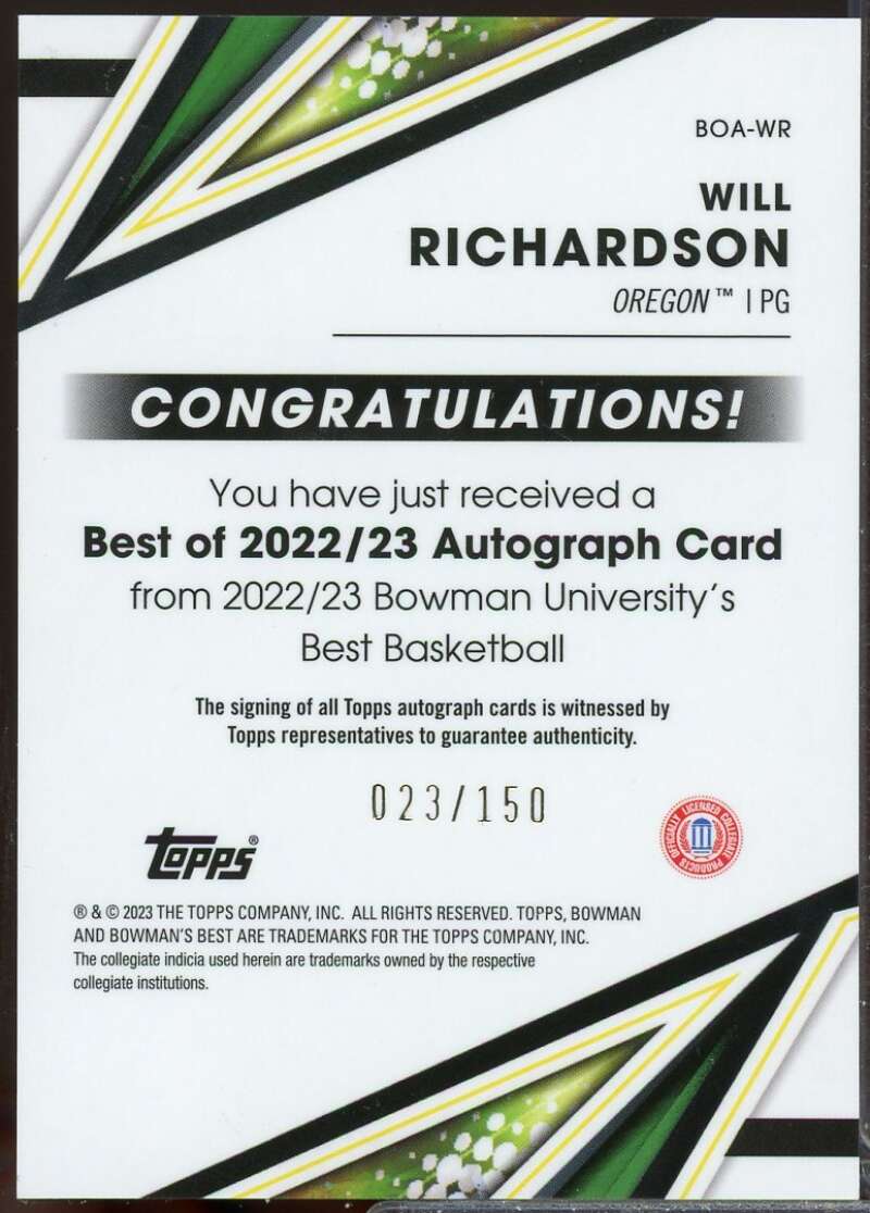 Will Richardson 2022-23 Bowman's Best University 22 Auto Blue Refractor #WR  Image 2