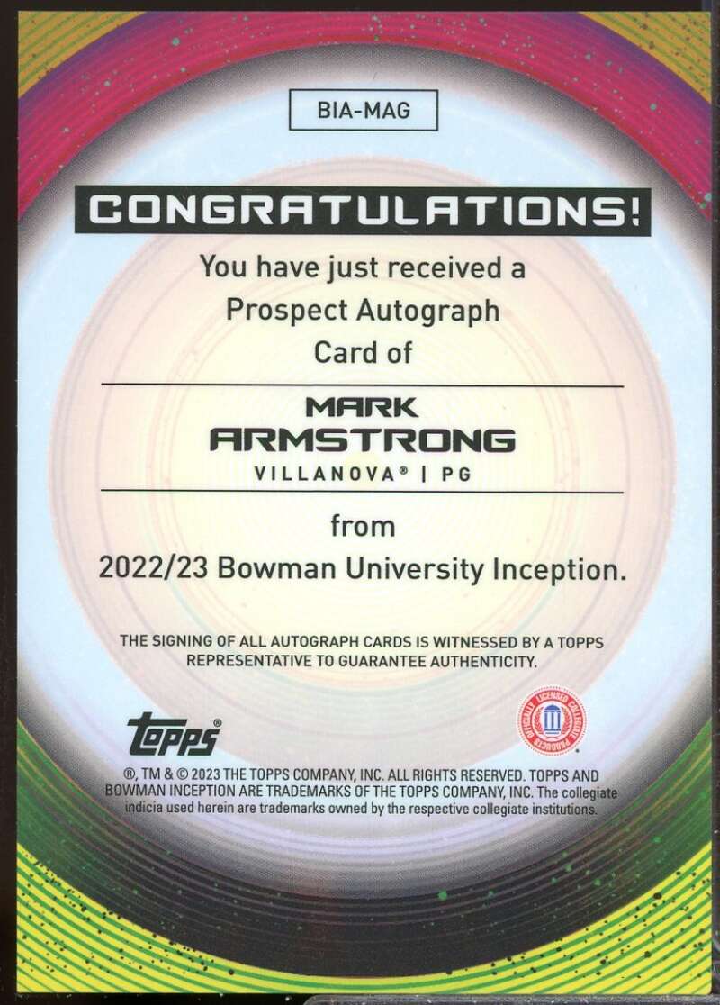Mark Armstrong 2022-23 Bowman Inception University Autographs Fuchsia Foil #MAG  Image 2
