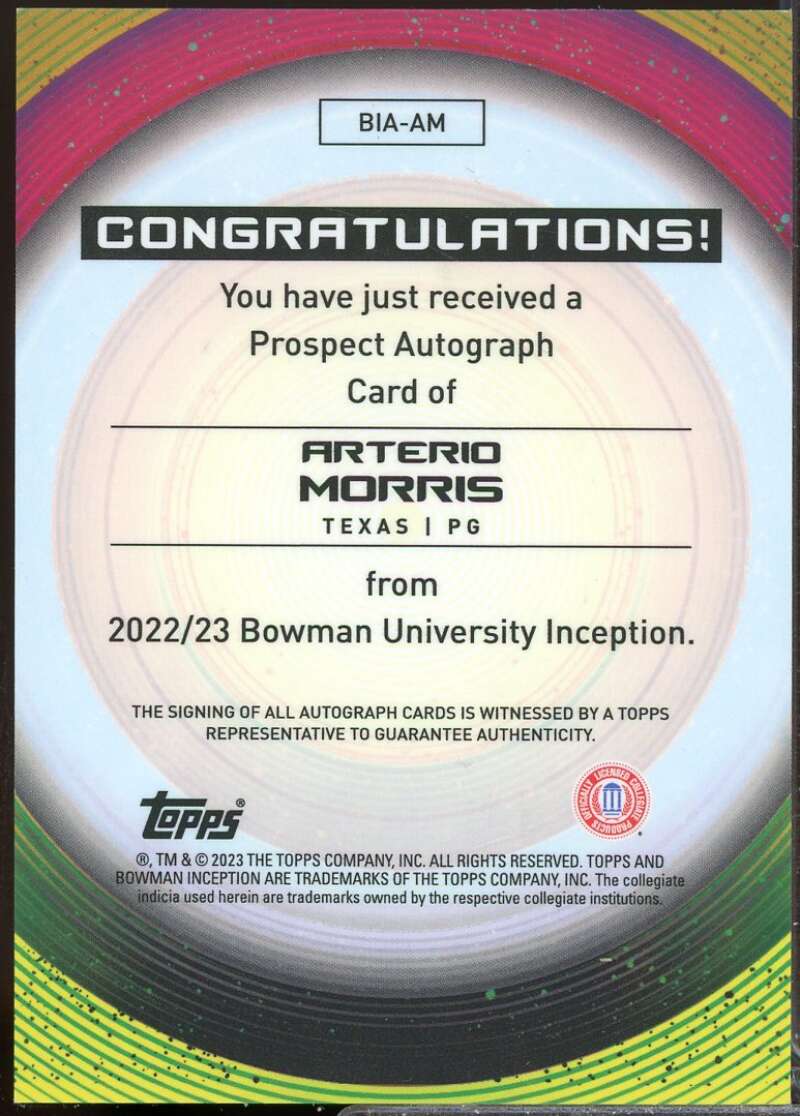 Arterio Morris Card 2022-23 Bowman Inception University Autographs #BIAAM  Image 2