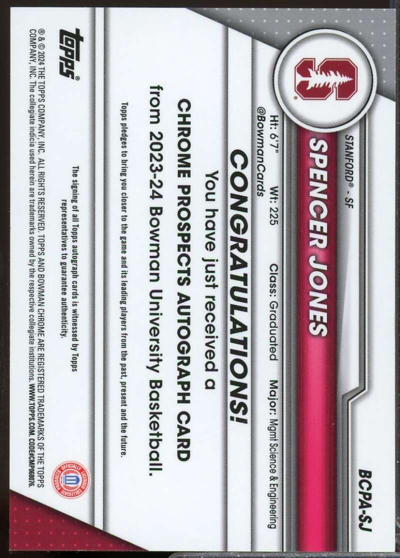 Spencer Jones Card 2023-24 Bowman Chrome University Prospect Autographs #BCPASJ  Image 2
