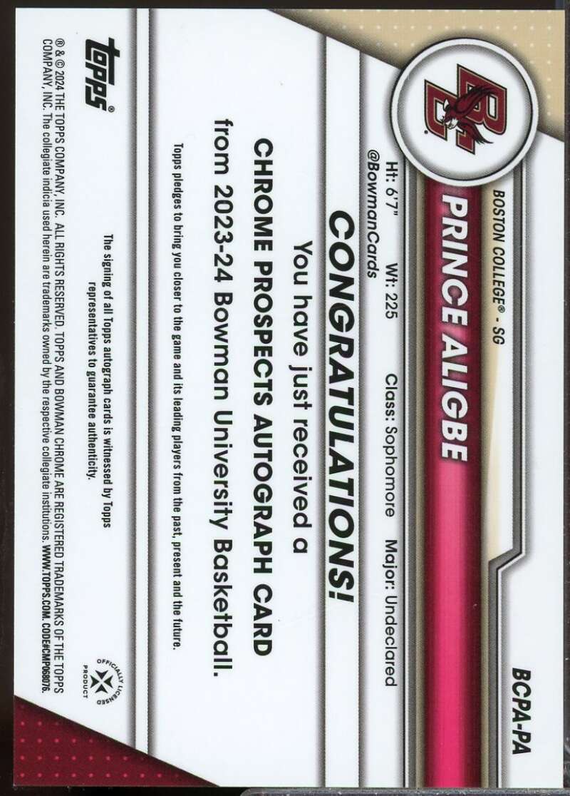 Prince Aligbe Card 2023-24 Bowman Chrome University Prospect Autographs #BCPAPA  Image 2