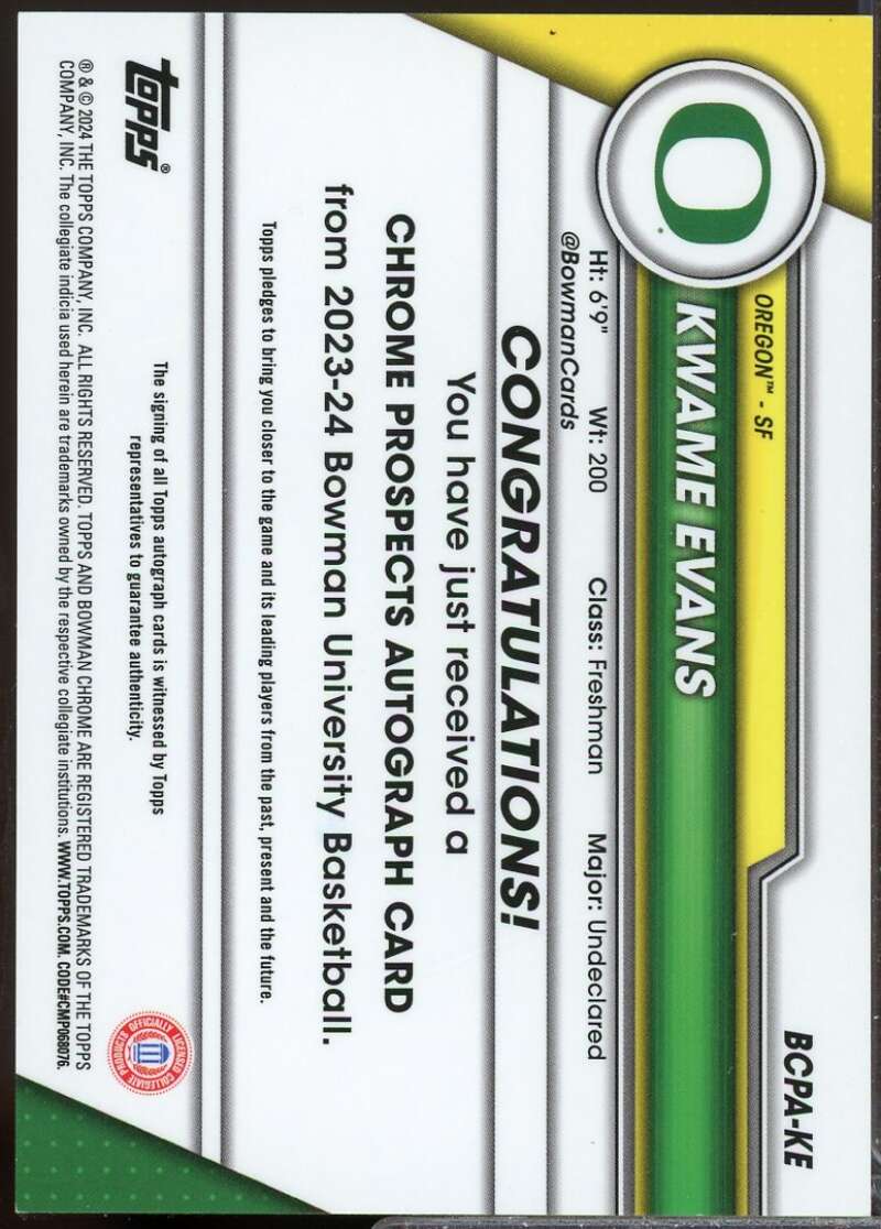 Kwame Evans Card 2023-24 Bowman Chrome University Prospect Autographs #BCPAKE  Image 2