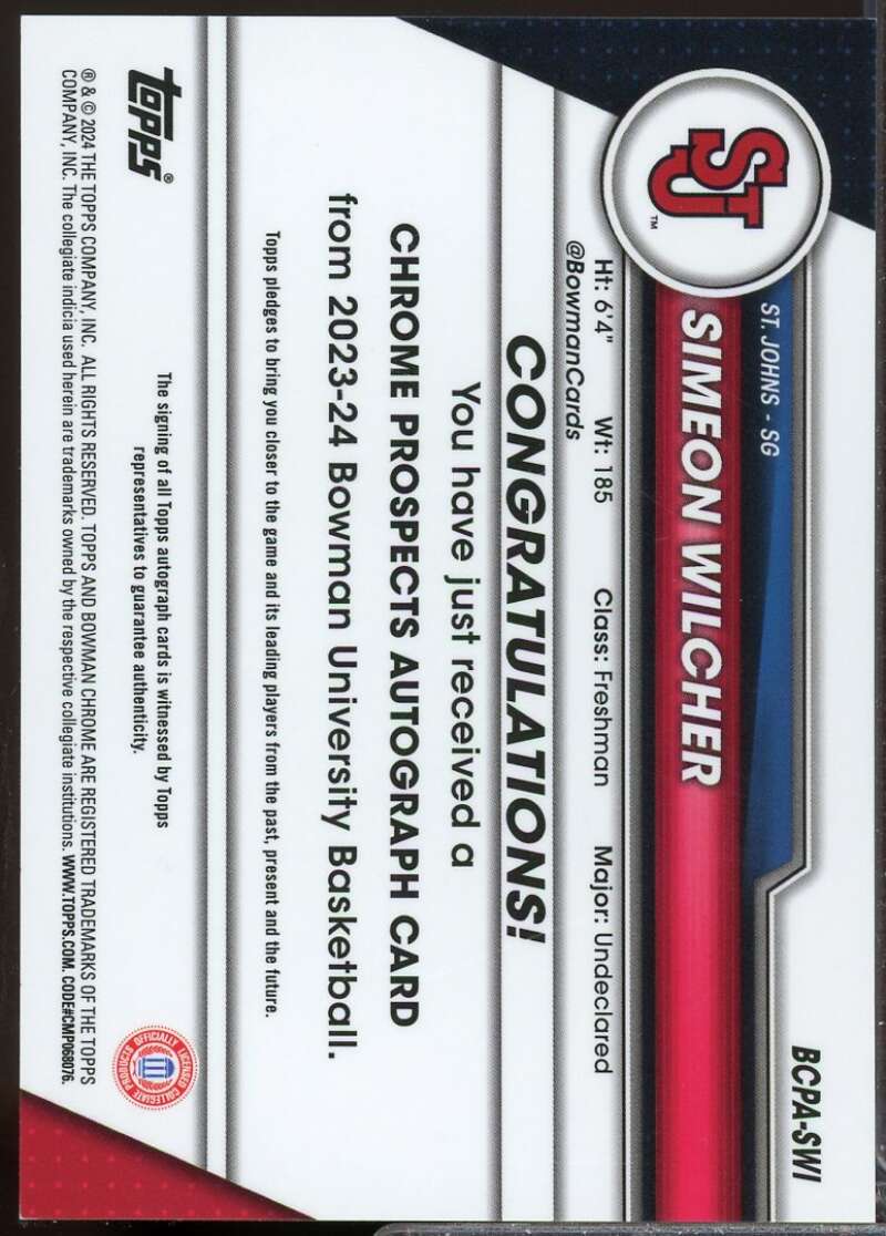 Simeon Wilcher 2023-24 Bowman Chrome University Prospect Autographs #BCPASWI  Image 2