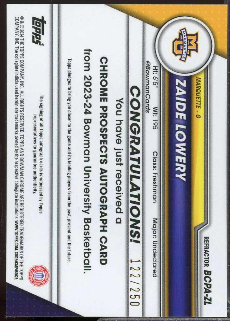 Zaide Lowery 2023-24 Bowman Chrome University Prospect Autograph Refractors #ZL  Image 2