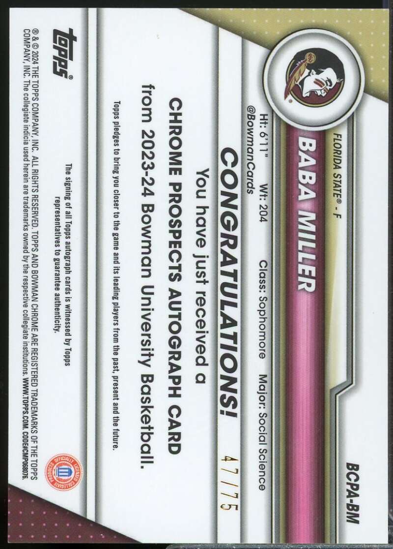 Baba Miller 2023-24 Bowman Chrome University Prospect Auto Yellow Refractor #BM  Image 2