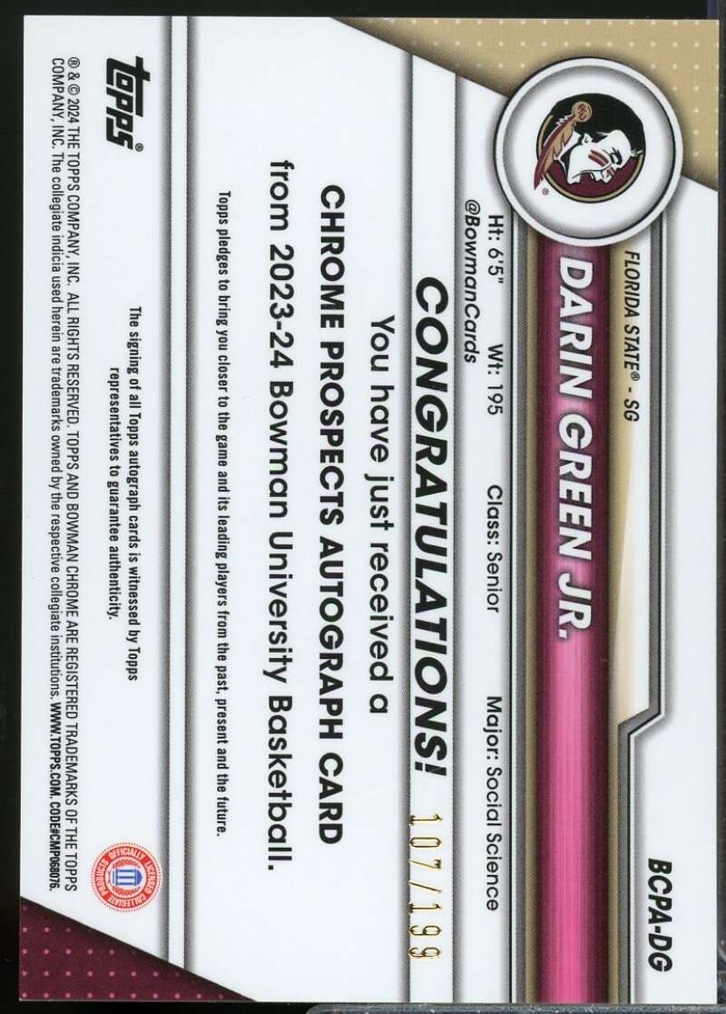 Darin Green Jr 2023-24 Bowman Chrome University Prospect Auto Lava Refractor #DG  Image 2