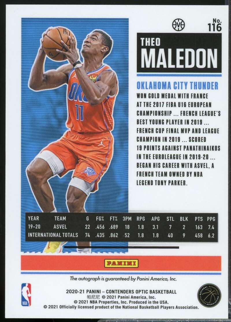 Theo Maledon Rookie Card 2020-21 Panini Contenders Optic Autograph #116  Image 2