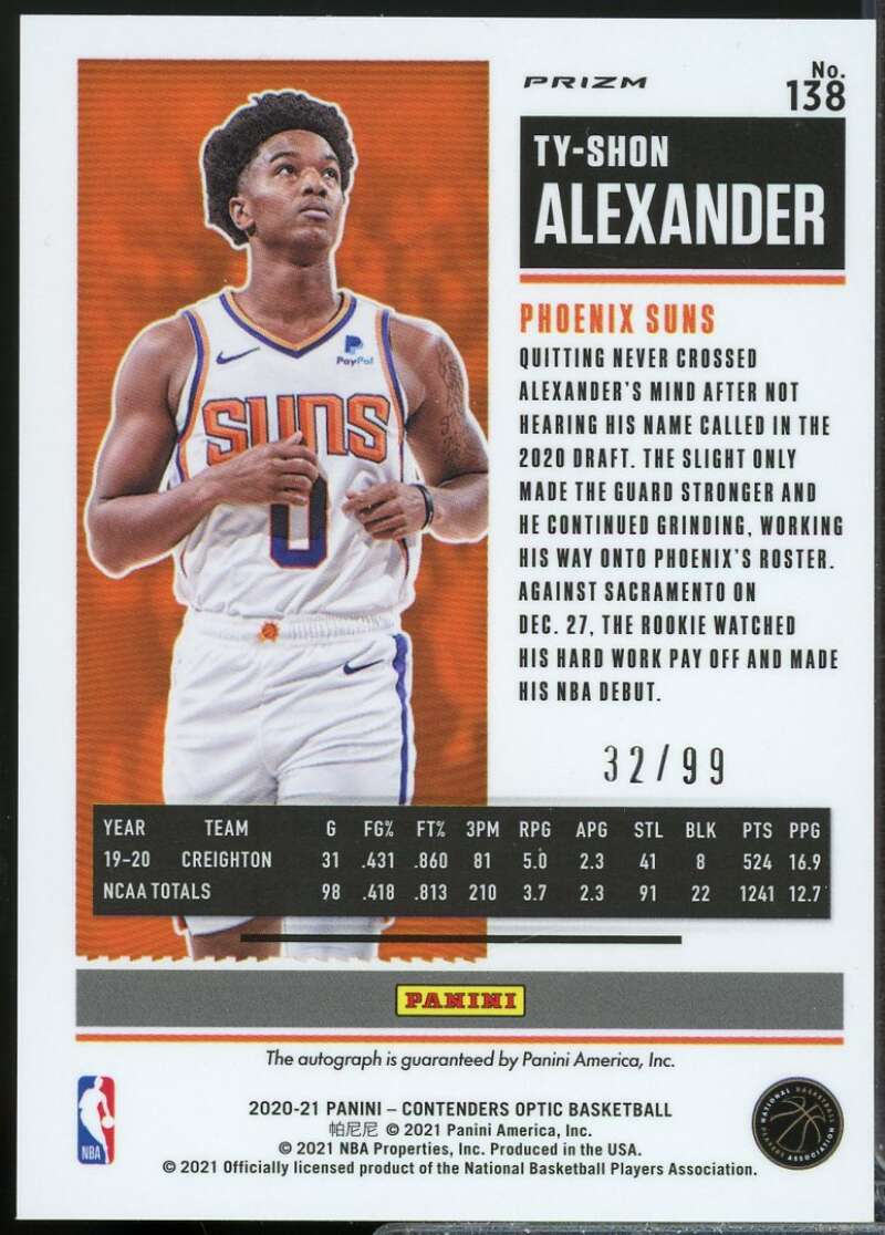 Ty-Shon Alexander Rookie /99 2020-21 Panini Contender Optic Autograph Blue #138  Image 2