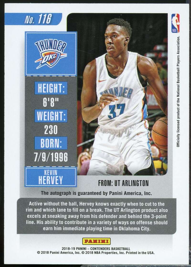 Kevin Hervey Rookie Card 2018-19 Panini Contenders Autograph #116  Image 2