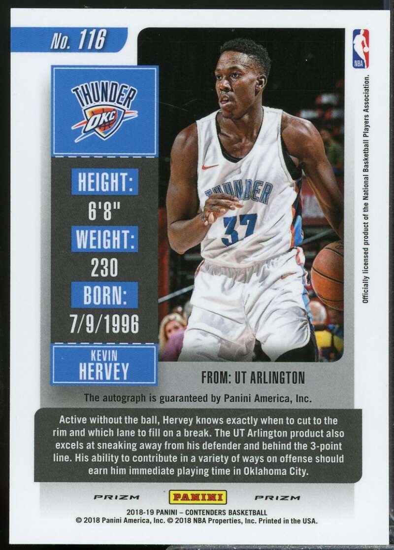 Kevin Hervey Rookie Card 2018-19 Panini Contenders Autograph Premium #116  Image 2
