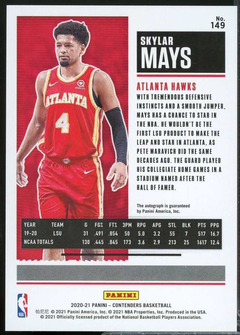 Skylar Mays Rookie Card 2020-21 Panini Contenders Autograph #149  Image 2