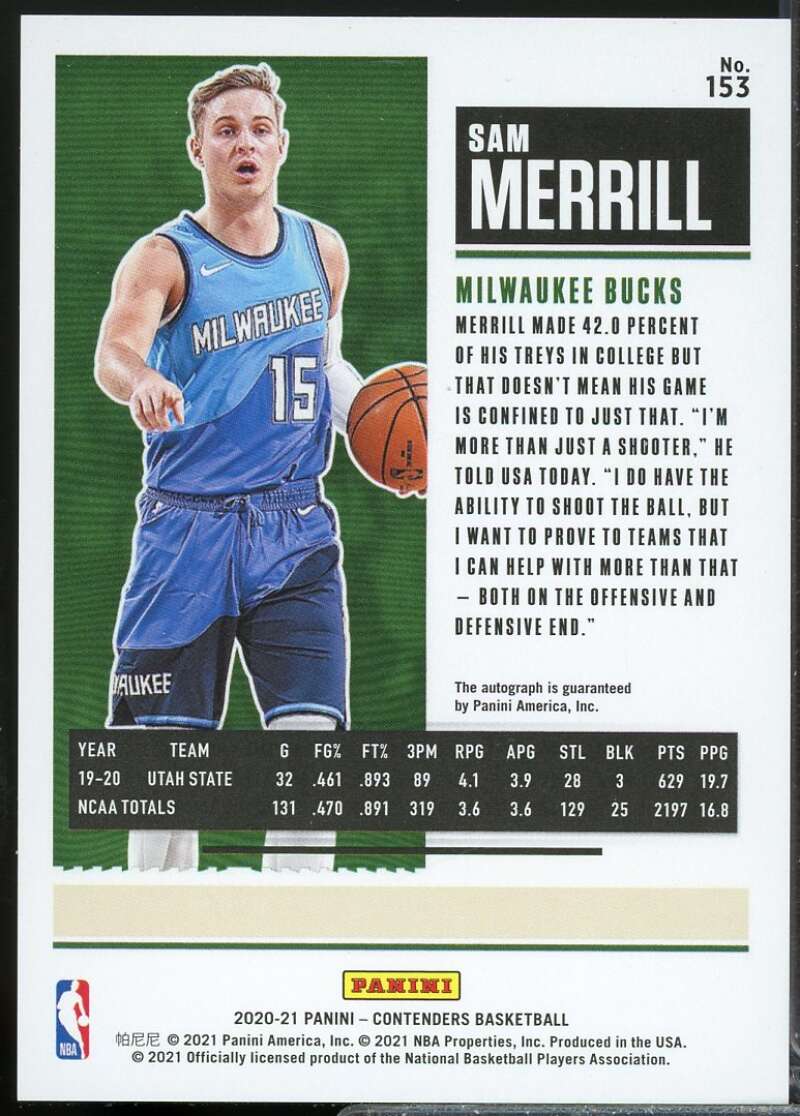 Sam Merrill Rookie Card 2020-21 Panini Contenders Autograph #153  Image 2