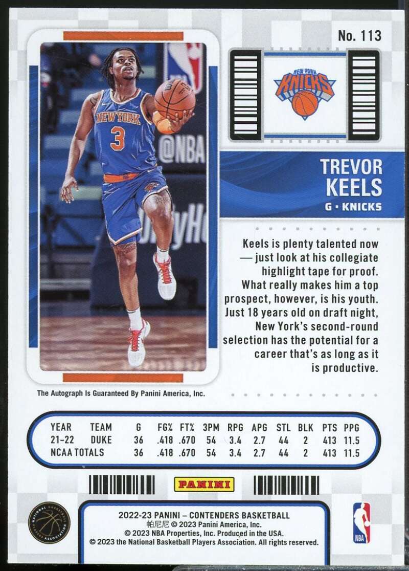 Trevor Keels Rookie Card 2022-23 Panini Contenders Autograph #113  Image 2