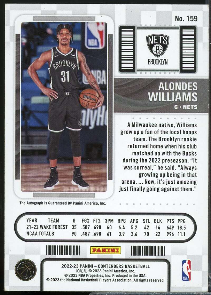 Alondes Williams Rookie Card 2022-23 Panini Contenders Autograph #159  Image 2