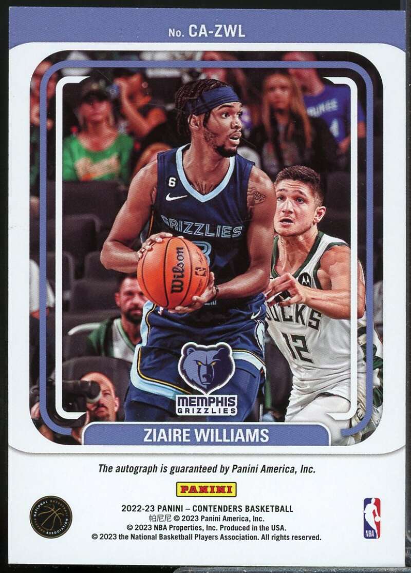 Ziaire Williams /199 Card 2022-23 Panini Contenders Contenders Autographs #22  Image 2