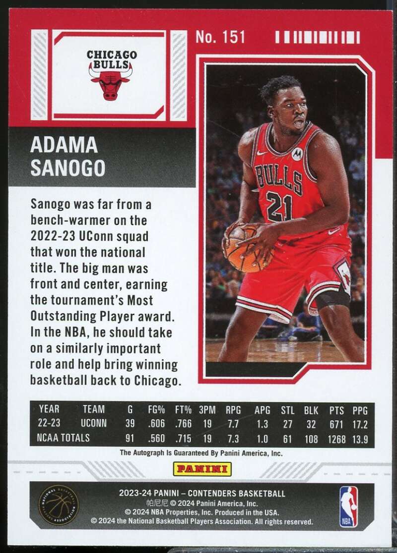 Adama Sanogo Rookie Card 2023-24 Panini Contenders Autograph #151  Image 2
