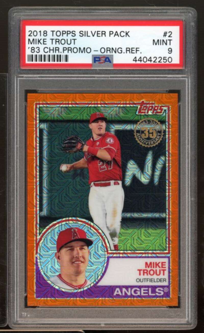 Mike Trout Card 2018 Topps Silver Pack 83 Chrome Promo Orange Refractor #2 PSA 9 Image 1