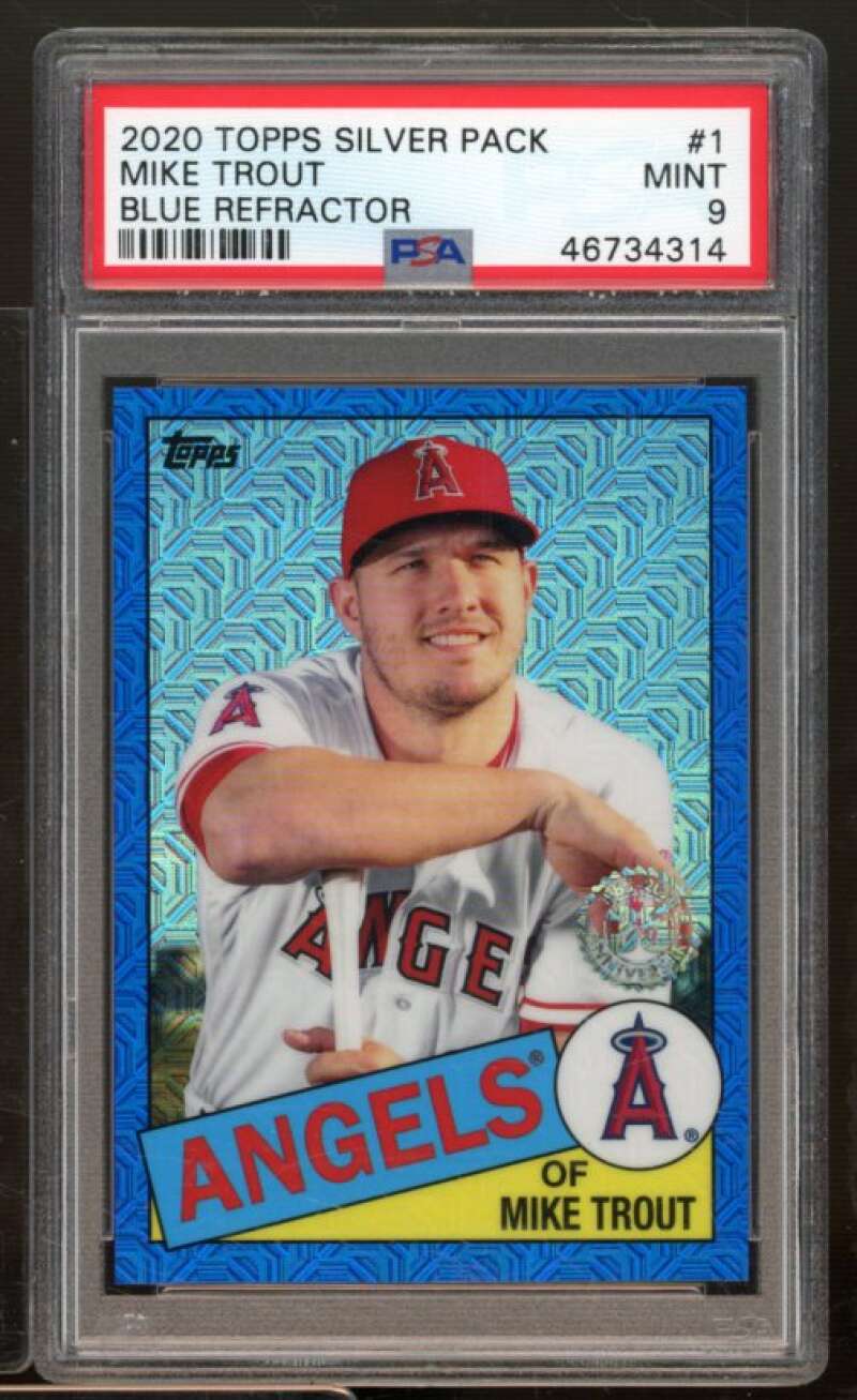 Mike Trout Card 2020 Topps Silver Pack Blue Refractor #1 PSA 9 Image 1
