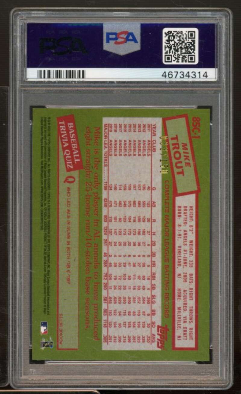 Mike Trout Card 2020 Topps Silver Pack Blue Refractor #1 PSA 9 Image 2
