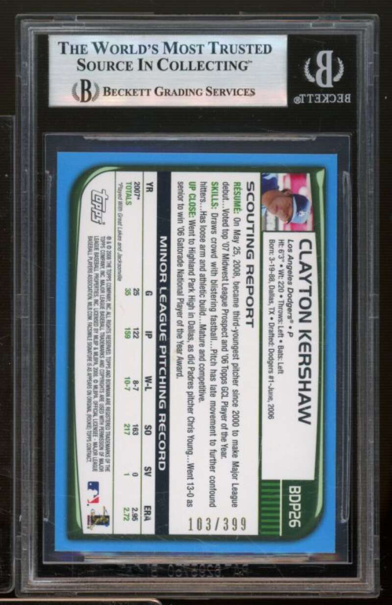 Clayton Kershaw Rookie Card 2008 Bowman Draft Blue #BDP26 BGS 9 Image 2