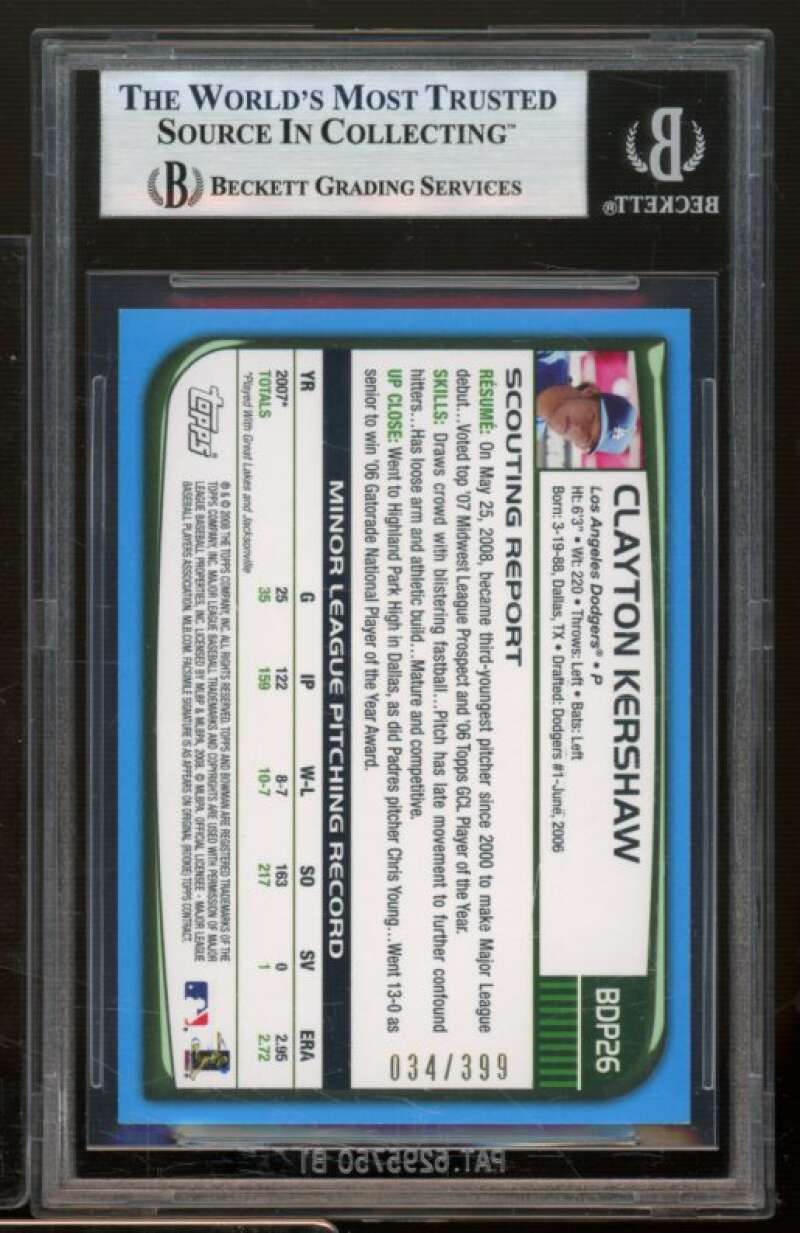 Clayton Kershaw Rookie Card 2008 Bowman Draft Blue #BDP26 BGS 9 Image 2